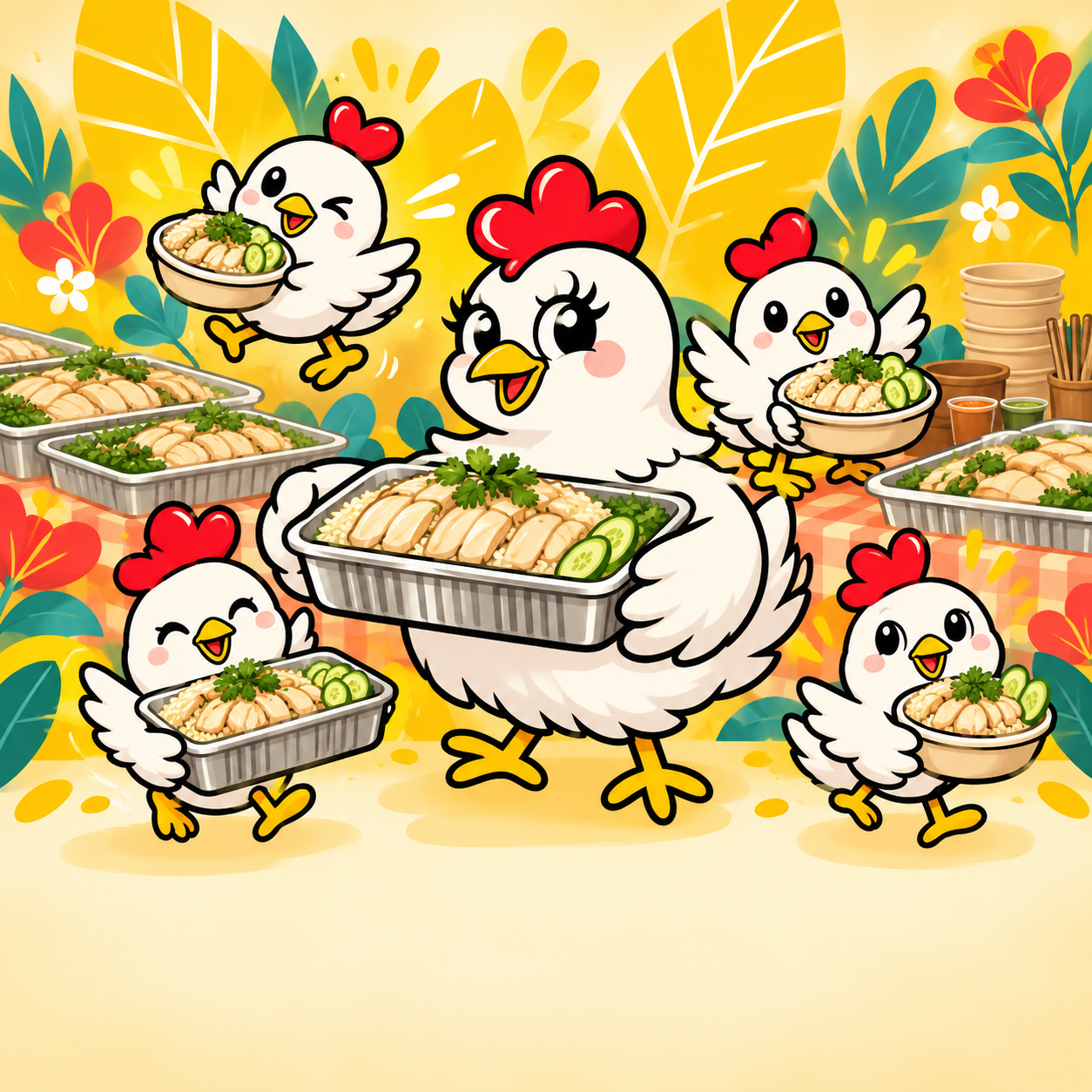The What Da Chick hen and chicks carrying trays of Thai chicken rice for a gathering
