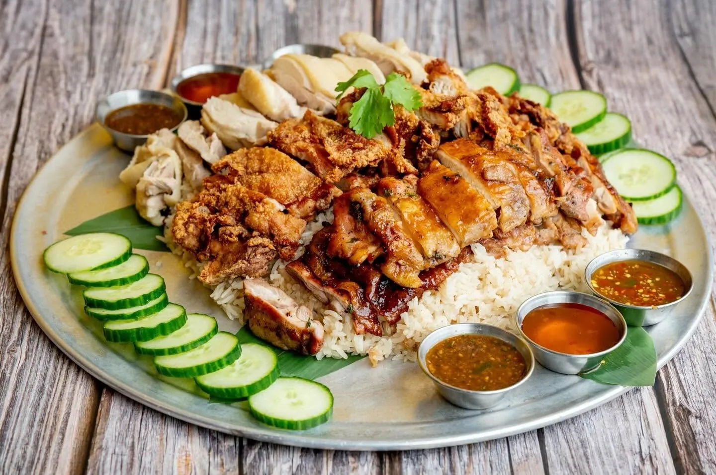 Family Combo platter with poached, crispy, and roasted chicken