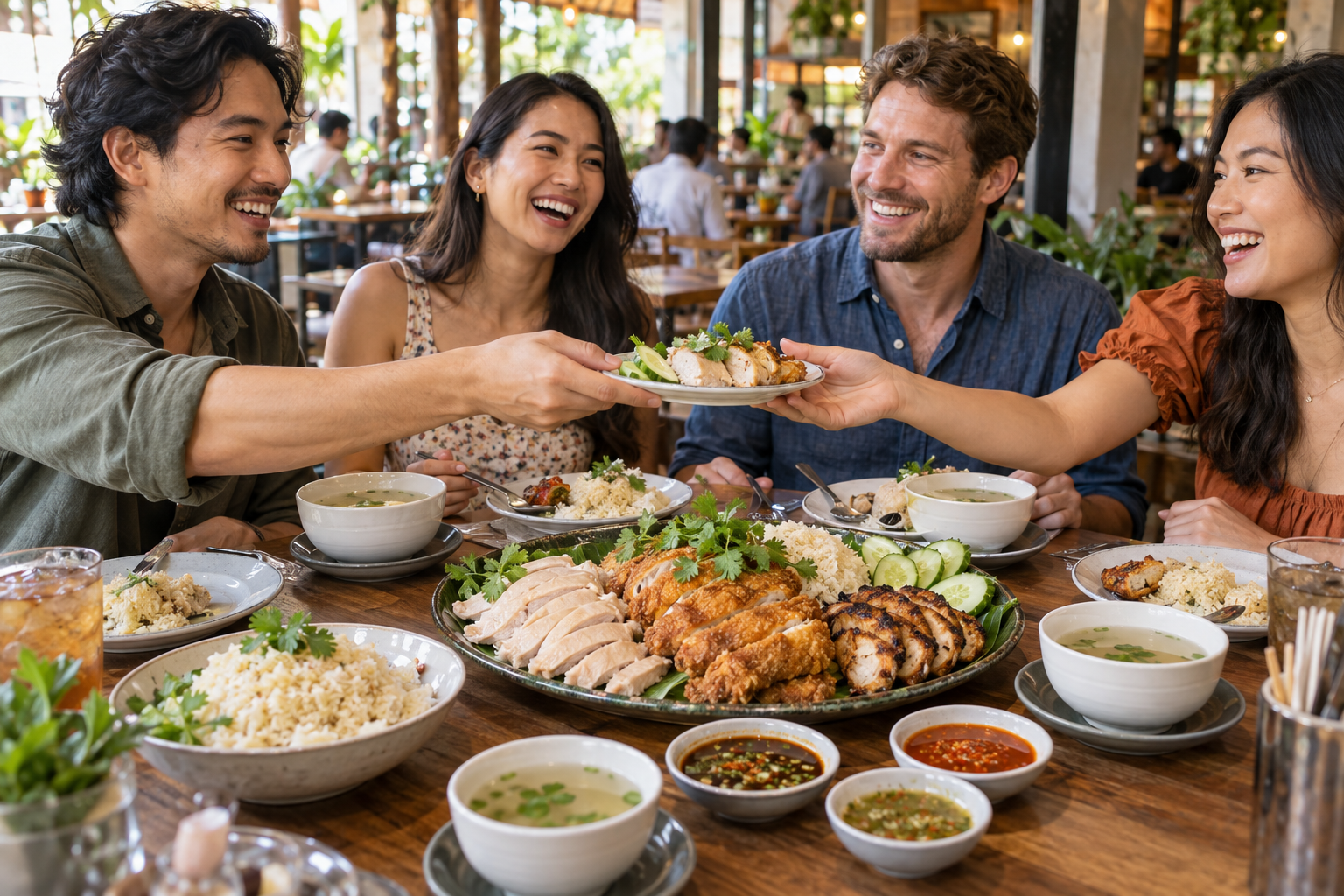 Friends laughing and sharing a Thai chicken and rice feast