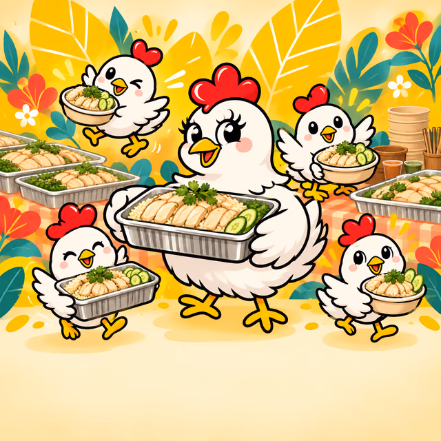 The What Da Chick hen and chicks carrying trays of Thai chicken rice for a gathering