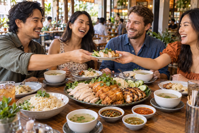 Friends laughing and sharing a Thai chicken and rice feast
