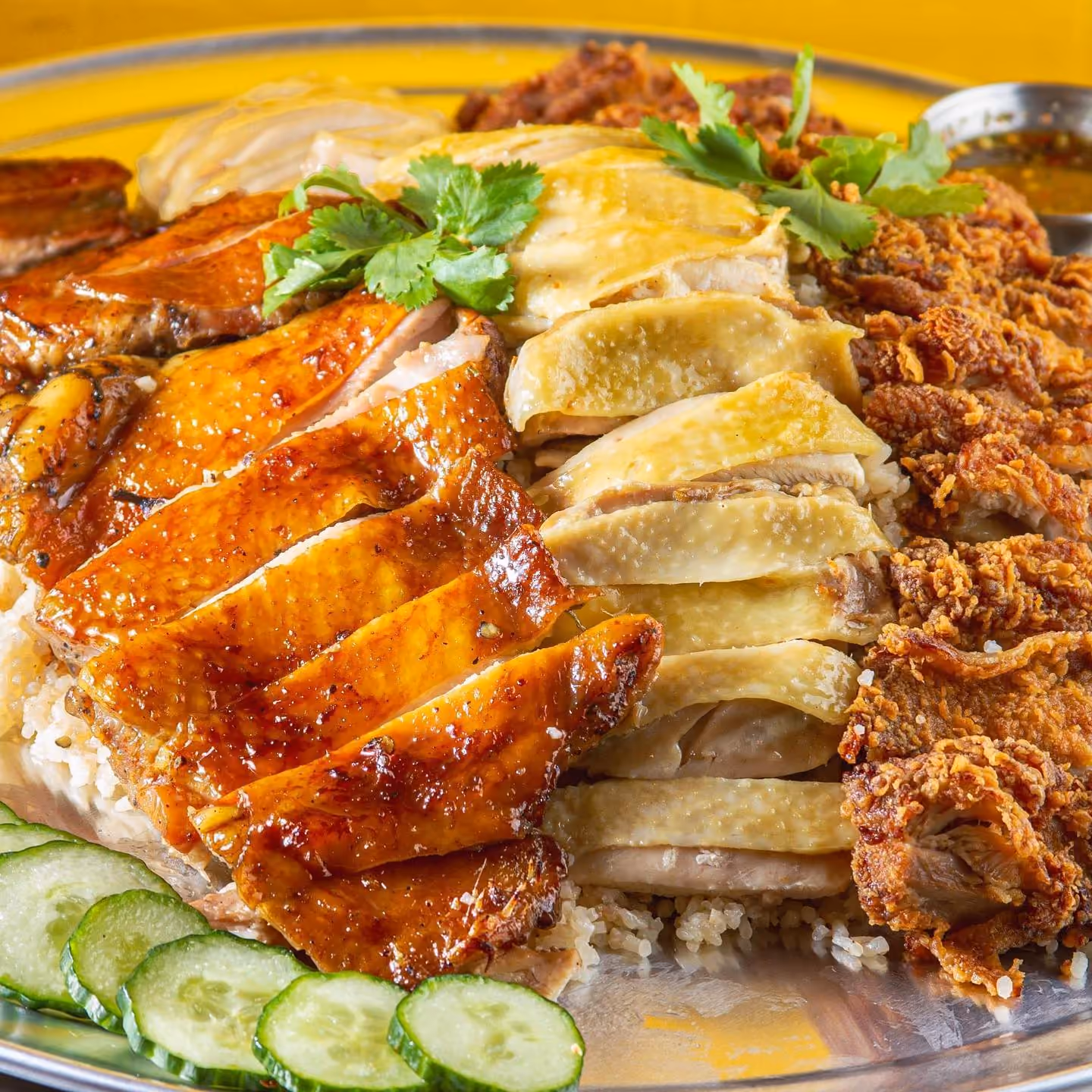 Chicken rice platter with sliced chicken, cucumber, cilantro, and sauce
